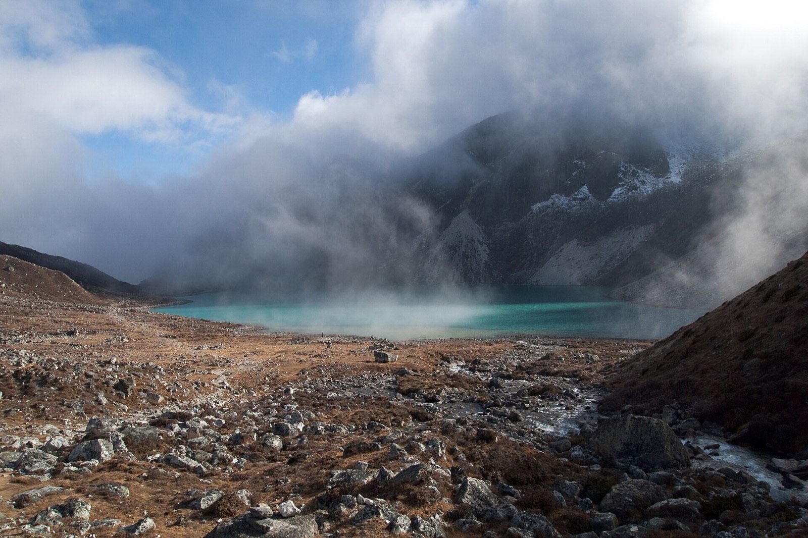 Gokyo Lakes Taujung Tsho in Fog Nepal Himalayas